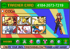 Trainer card from the Pokecharms website. The background is multicolored. Trainer name: CODA. Friend Code: 4184-2073-7219 Six pokemon are shown as team members: Arcanine, Jolteon, Persian, Skarmory, shiny Absol, and shiny Archeops. Sinnoh badges underneath
