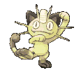 GIF of Meowth with one paw raised and the other at its chest, with one foot in the air and its foot raised up. The GIF has the image flipping the canvas semi-rapidly.
